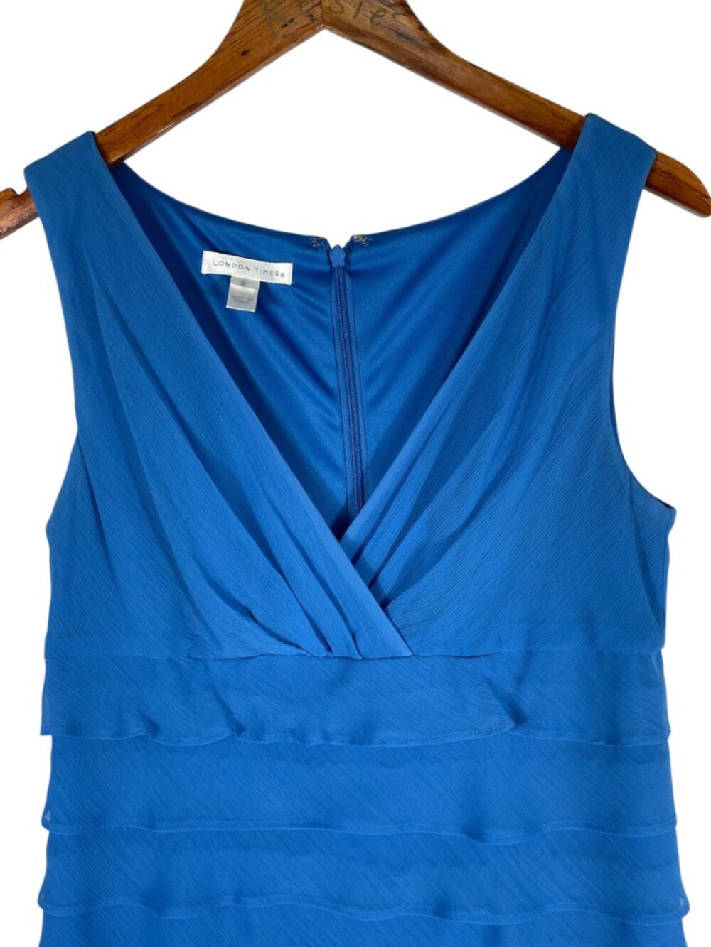 London Times Blue Tiered Chiffon Cocktail Dress Sleeveless V-Neck Size 8 - Picture 5 of 11